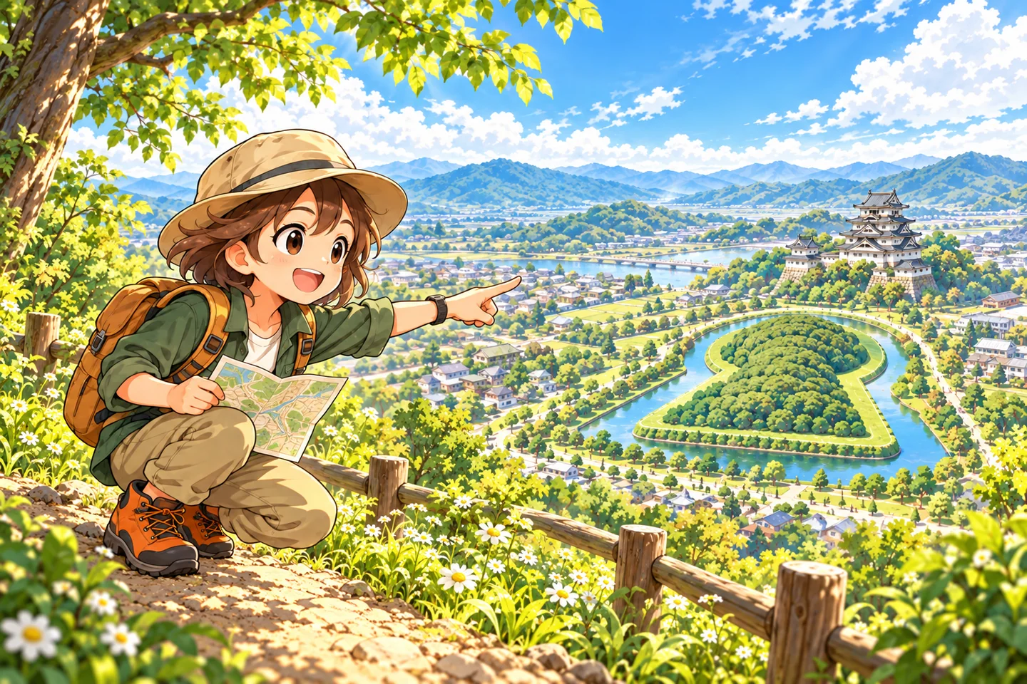 An illustration of a young adventurer with a map, discovering a path overlooking a burial mound and a castle