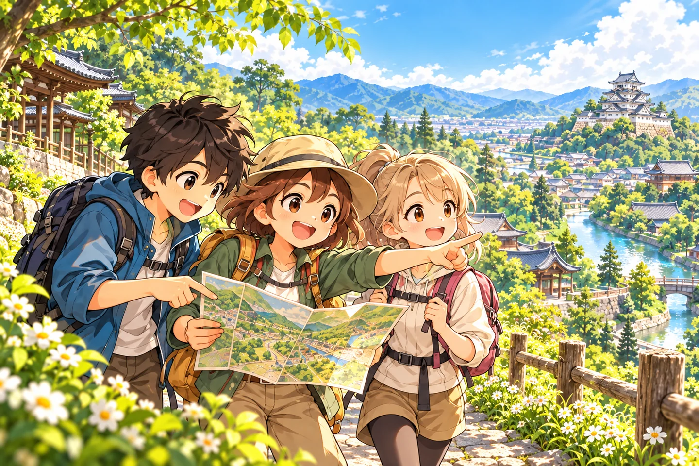 An illustration of three adventurers spreading out a map and choosing their next destination together