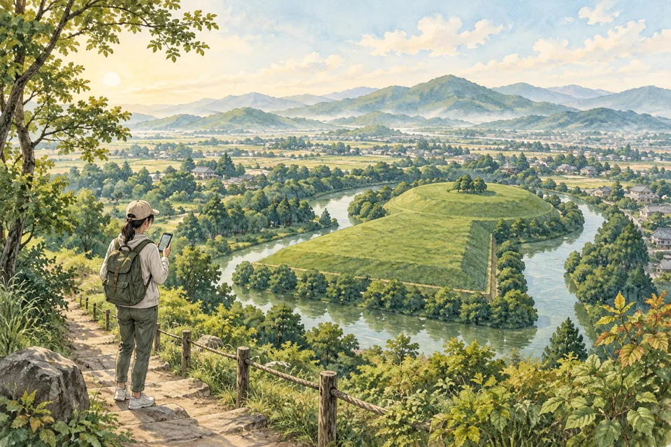 古墳を見渡す道でスマートフォンを手に行き先を探す旅人