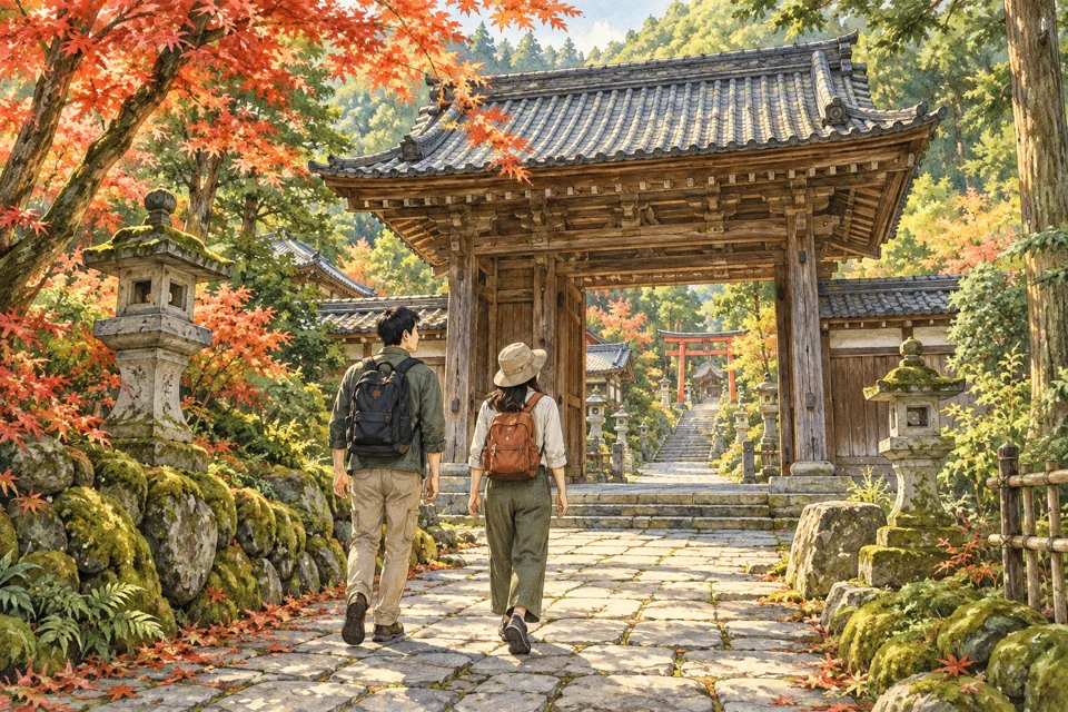 紅葉の寺院の門へ歩いていく二人の旅人