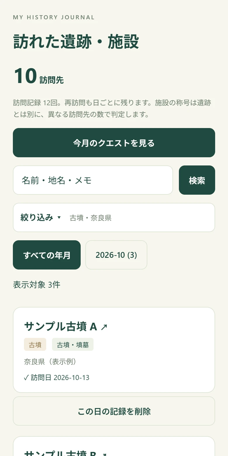 訪れた場所を振り返るのアプリ画面。記録と数値はサンプル。